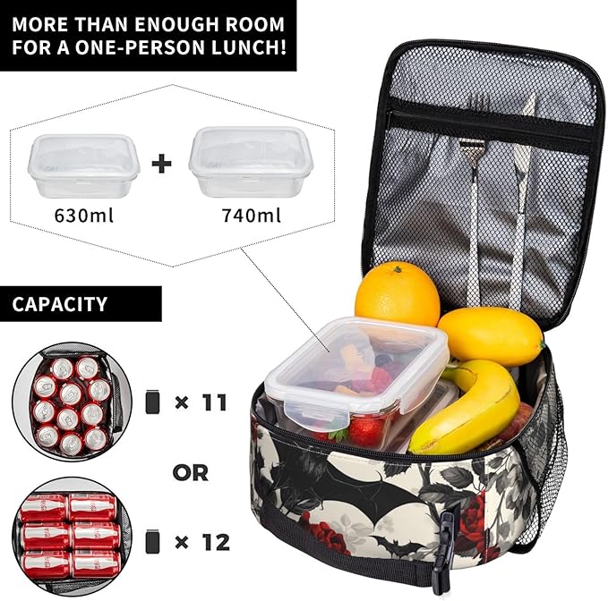 VANZEV Goth Lunch Box for Adults Women Girls Boys Kids Floral Lunch Box Insulated Cooler Reusable Lunch Bag Container Gifts for Work Office Picnic Travel School