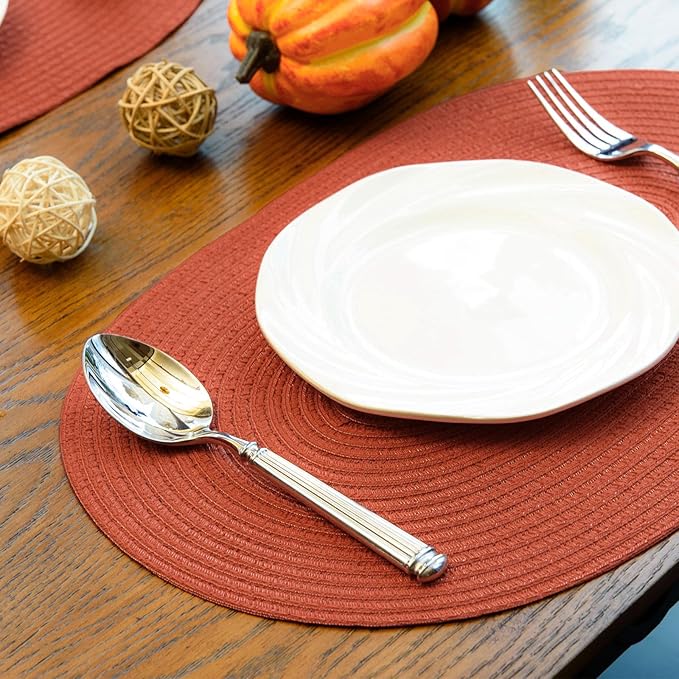 Noctiflorous Oval Braided Placemats Set of 6 Woven 12x18 Inch Non Slip Washable Heat Resistant Place Mats Round Tablemats for Dining Kitchen Party Daily Table Decor Dinner Mats (Solid Rust Orange, 6)