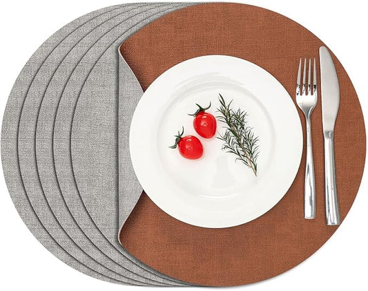 Myir JUN Reversible Vinyl Round Placemats Set of 6, Faux Leather Place Mats Dual Sided Waterproof Wipeable, Heat-Resistant Table Mats for Kitchen Dining Indoor Outdoor (14", Light Gray Reddish Brown)
