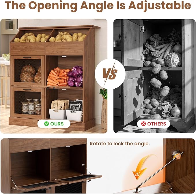 COSIEST Oversized Potato Storage Bin, 47'' High Wooden Bread Box with Adjustable Door Hinge, Farmhouse Potato and Onion Storage Bin with 4 Mesh Doors, Kitchen Fruit and Vegetable Storage Cabinet