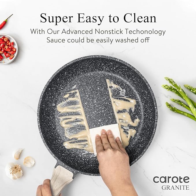 CAROTE Non Stick Frying Pan Skillet, 8" Nonstick Fry Pan with Glass Lid, Egg Pan Omelet Pans, Granite Cookware, PFOA Free (Classic Granite, 8-Inch)
