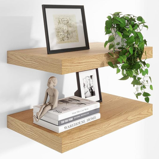 Heimlove 24 x 12 Inch Deep Floating Shelves Wall Mounted with Invisible Brackets,Storage Hanging Shelf for Wall Decor in Bathroom, Bedroom, Toilet, Kitchen, Living Room, Office Set of 2 (Oak)
