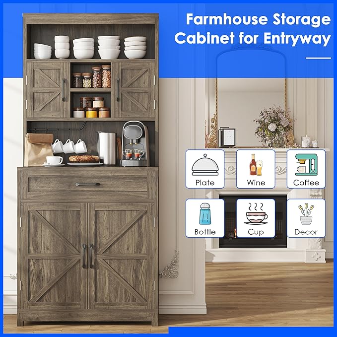 69" Tall Farmhouse Kitchen Pantry Cabinet, Kitchen Hutch Bar Cabinet with Drawers&Cup Holder, Large Wooden Storage Cabinets with Barn Doors&Microwave Stand, Cupboard for Dining Room(Ash Grey)