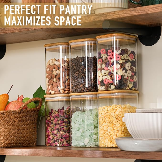37oz Airtight Glass Square Storage Canisters with Bamboo Lid Set of 6 (1100ml) Stackable Containers, Kitchen Jars for Pantry Noodles, Flour and Coffee beans (?럚ith Black Lable)