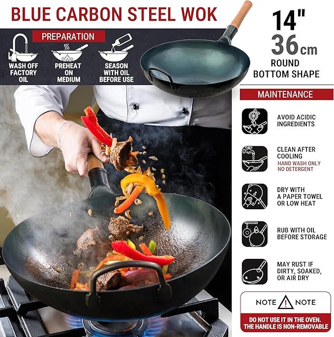 YOSUKATA 14??Round Bottom Carbon Steel Wok Pan ??Blue Pre-Seasoned Pow Wok for Stir Fry, BBQ & Camping ??Traditional Japanese & Chinese Cookware ??Compatible with Gas Stoves & Open Fire Only