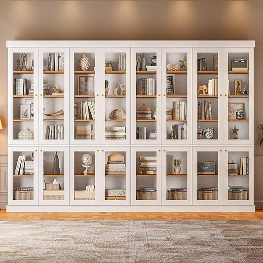Vyre 70.8" Bookshelf with Glass Doors, Farmhouse Modular Bookcase with 6-Tier Adjustable Shelves, Large Storage Cabinet for Living Room & Home Office, Set of 4, White