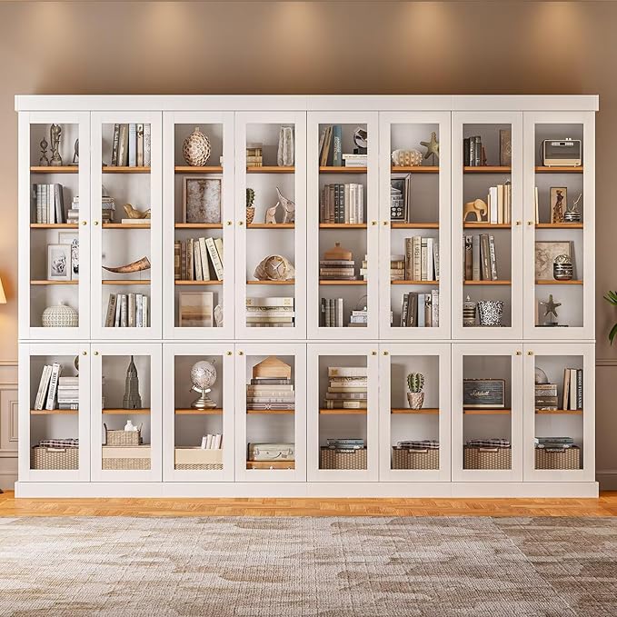 Vyre 70.8" Bookshelf with Glass Doors, Farmhouse Modular Bookcase with 6-Tier Adjustable Shelves, Large Storage Cabinet for Living Room & Home Office, Set of 2, White
