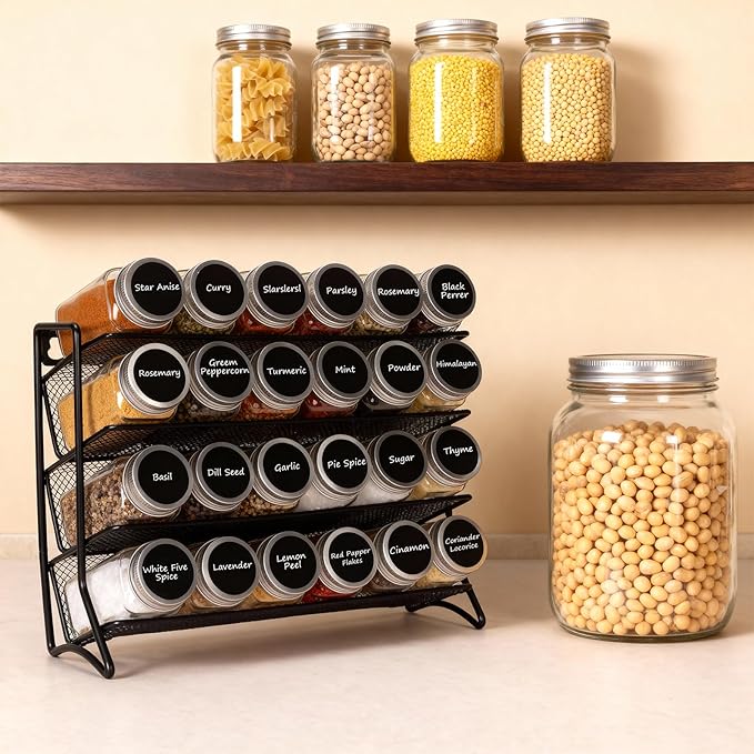 DIDITIME Spice Rack Organizer with 24 Glass Jars and 60 Spice Labels, Seasoning Organizer for Kitchen, Countertop, Cabinet, Pantry, Cupboard竊똕pice Organization for Cabinet竊?Space-Saving & Tidy