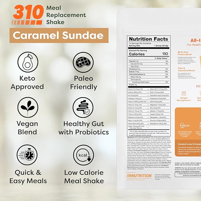 310 Nutrition All-In-One Meal Replacement Shake Powder - Plant-Based Protein Smoothie Blend w/High Fiber, Probiotics & Adaptogens - Low Carb, Vegan, Keto & Paleo Friendly - Caramel Sundae - 28 Srv