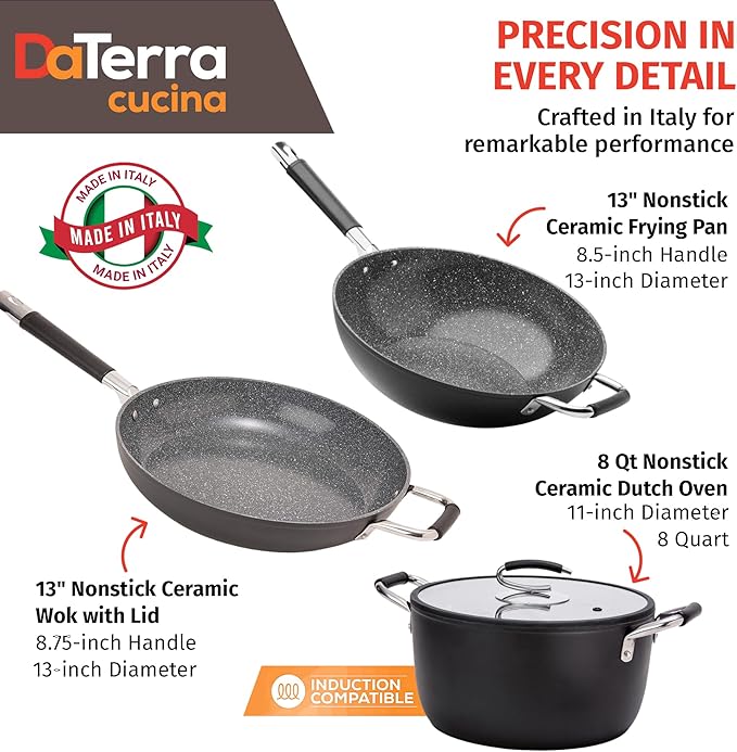 DaTerra Cucina Nonstick Family Bundle ??13" Frying Pan, 13" Wok with Lid, 8 Qt Dutch Oven with Lid ??Oven Safe, Ceramic Nonstick, PTFE & PFOA Free ??Made in Italy, Volcanic Black Speckled