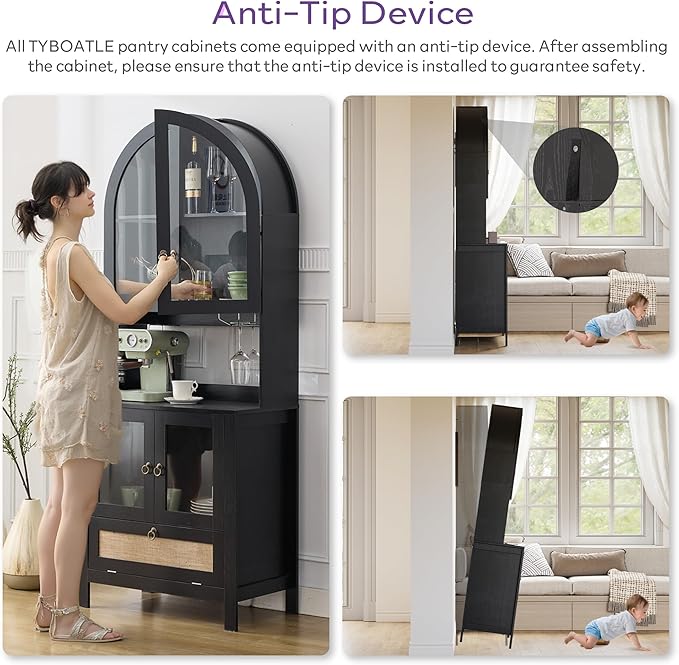 TYBOATLE 75'' Tall Arched Pantry Cabinet w/Accessible Storage Area, China Cabinet w/Anti-Tipping Device and Innovative Drawer, Versatile Cupboard for Kitchen, Dining (Black)