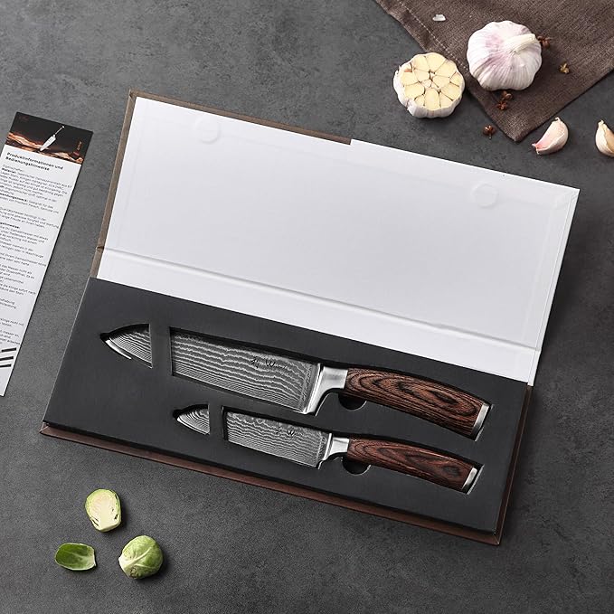 Wakoli EDIB 2-Piece Damascus Kitchen Knife Set ??Santoku & Small Santoku with VG10 Core made of 67-Layer Damascus Steel Blades ??Professional Chef Knives with Ergonomic Pakkawood Handles in Gift Box