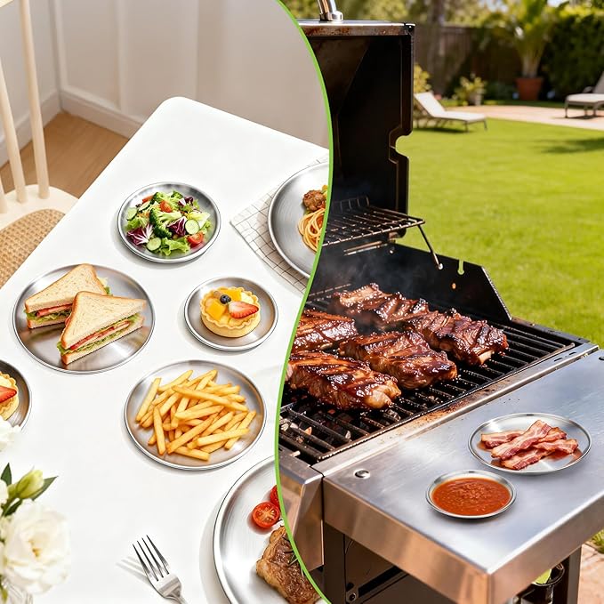 10 Stainless Steel Plates, 7.8 inch Small 201 Metal Camping Plate, Reusable Food Serving Dishes Snack Eating Round Shatterproof Brushed Finish Silver Dish for Dinner Oven Dishwasher Safe