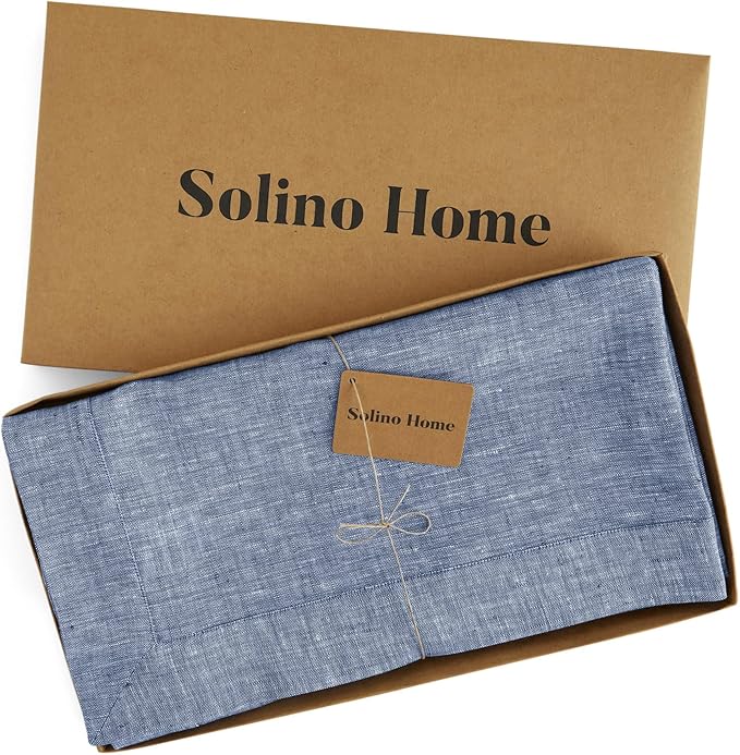 Solino Home Linen Tablecloth 60 x 108 Inch - 100% Pure Linen Chambray Indigo Table Cloth for Rectangle Tables - Athena, Machine Washable Tablecloth for Spring, Easter