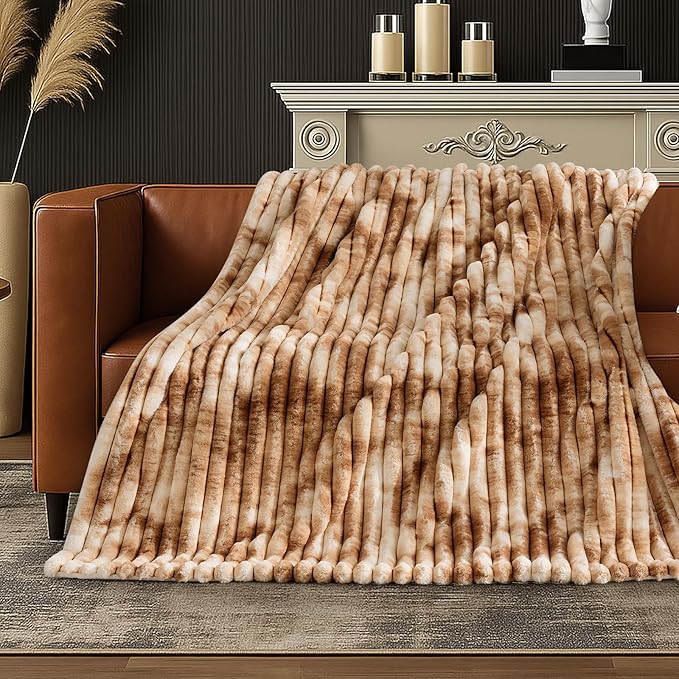 Am챕lie Home Faux Fur Throw Blanket for Couch, Cozy Fuzzy Fluffy Fur Luxurious Soft Striped Plush Gift Blankets for Family Sofa Chair Bedroom, 55"x70", Tie-dye Khaki