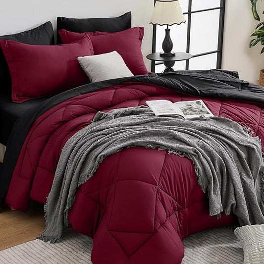 HEVUMYI Red & Black Full Comforter Set - 7-Piece All Season Bed in a Bag Full, Ultra Soft Burgundy Bedding Set with Comforter, Flat Sheet, Fitted Sheet, Pillowcases, Pillow Shams, Burgundy Red & Black