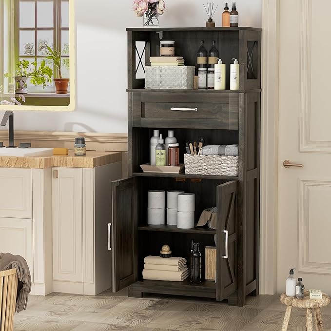 55" Tall Kitchen Pantry, Farmhouse Storage Cabinet with Doors, Shelves and Drawer, Rustic Wood Cupboard for Kitchen, Dining Room (Ash Grey)