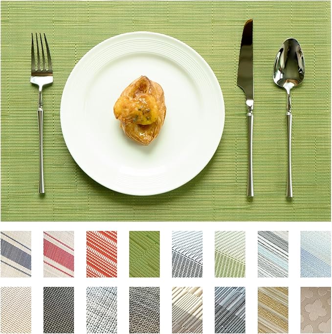 SUMYMERY Placemats Set of 8 Vinyl/Plastic Woven Place Mats for Kitchen Table Indoor/Outdoor Washable Placemat Wipeable Dining Table Mats (Oliver Green,8)