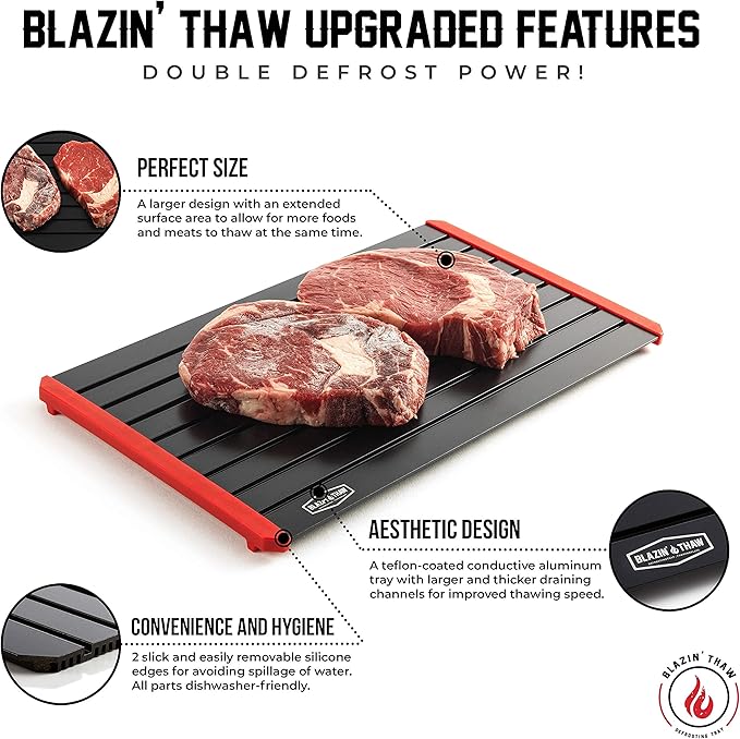 BLAZIN' THAW Defrosting Tray for Frozen Meat | 16" Family-Size | Aluminium Plate for Thawing Frozen Food | Natural Thawing Process | No Microwaves, No Cold/Warm Water Required |