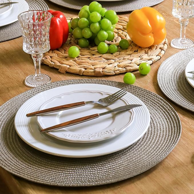 FunWheat Round Braided Placemats Set of 4 Table Mats for Dining Tables Woven Washable Non-Slip Place mats 15 inch(Taupe, 4pcs)