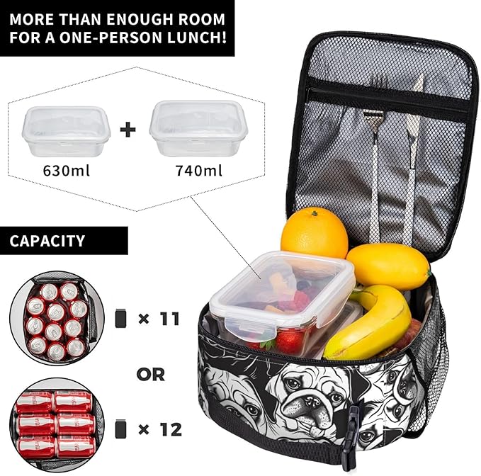 VANZEV Cute Pug Lunch Box for Adults Women Girls Boys Kids Animal Dog Lunch Box Insulated Cooler Reusable Lunch Bag Container Gifts for Work Office Picnic Travel School
