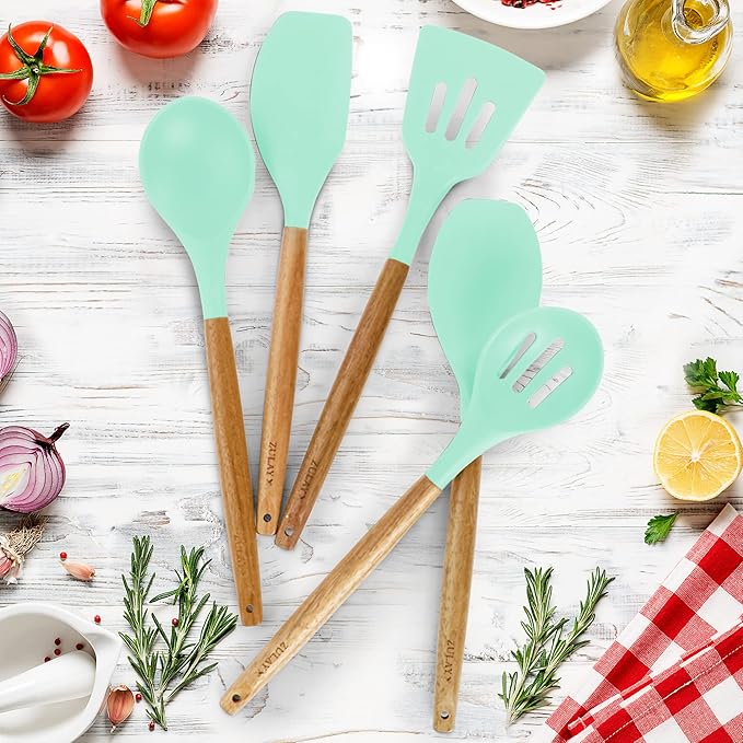 Zulay Kitchen Non-Stick Cooking Utensils Set with Authentic Acacia Wood Handles ??5-Piece Durable & Stylish Silicone Kitchen Utensils Set ??Heat Resistant to 464째F ??Aqua