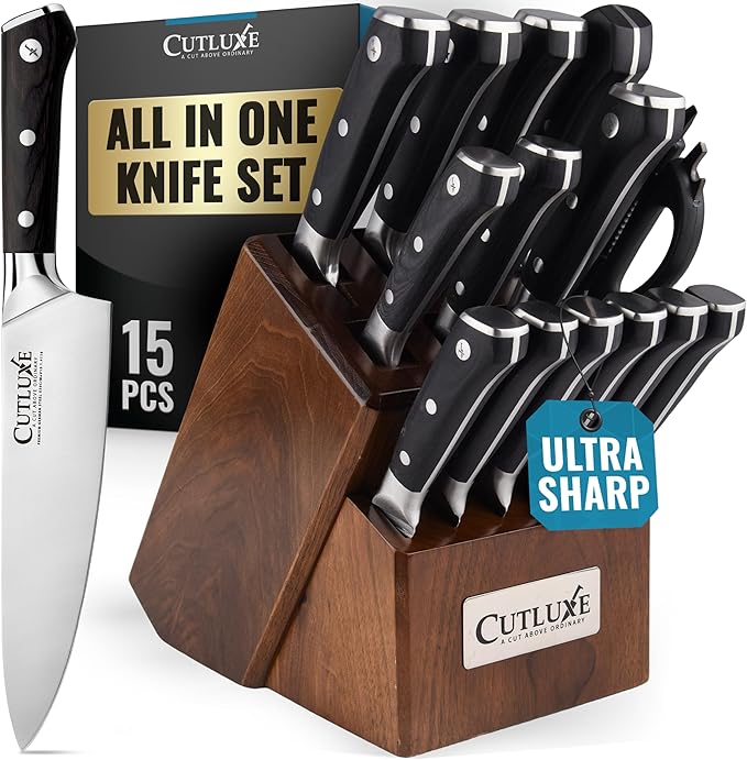 Cutluxe 15-Piece Knife Set ??High Carbon German Steel Blades, Full Tang Design & Ergonomic Pakkawood Handles in Walnut Wood Block ??Artisan Series