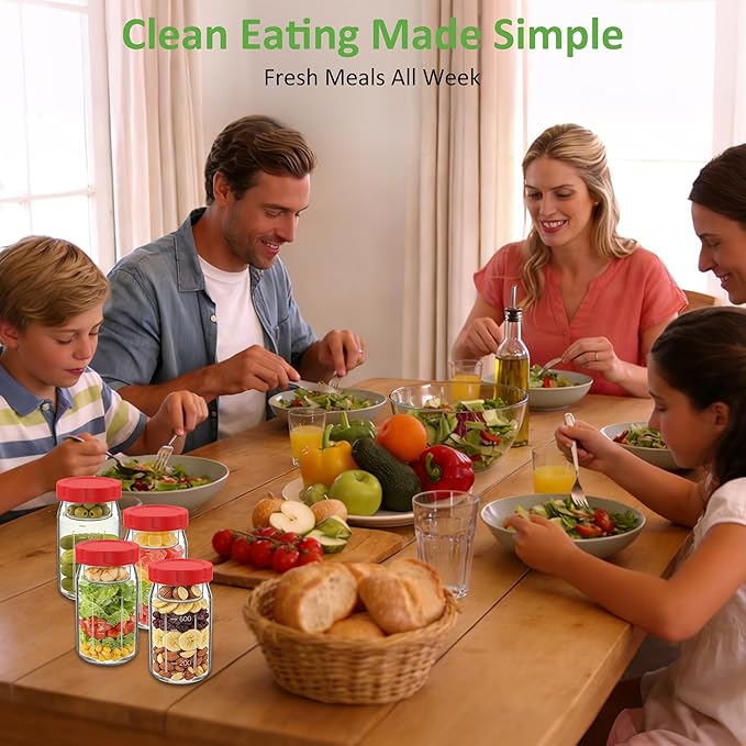 4Pack Glass Salad Jars with Lids, 32oz Salads Mason Jars with Wet/Dry Separation Cup, Meal Prep Salad Containers for Lunch, Leakproof Wide Mouth Food Storage Containers, BPA-Free Reusable (Red)
