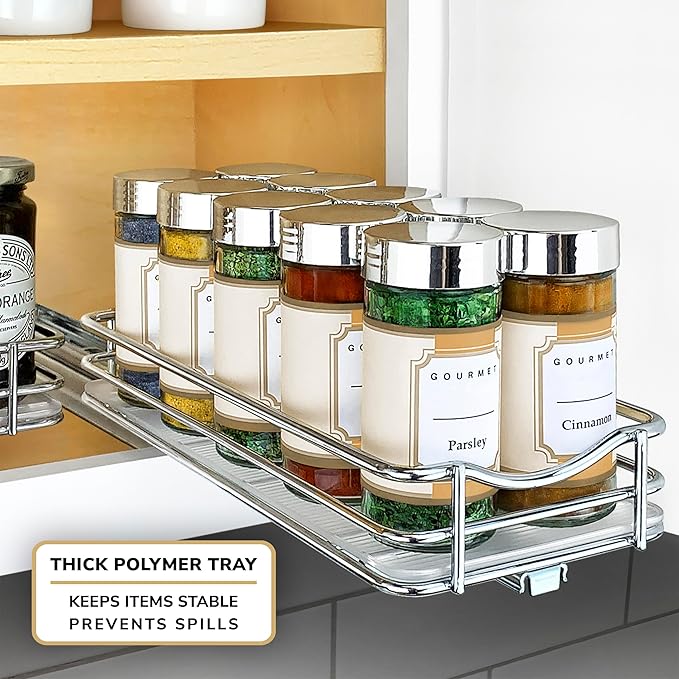 LYNK PROFESSIONAL짰 Pull Out Spice Rack Organizer for Inside Kitchen Cabinets - 4-3/8 inch Wide - Slide Out Drawer ??Chrome Sliding Spice Cabinet Organization Shelf Racks - 1 Tier