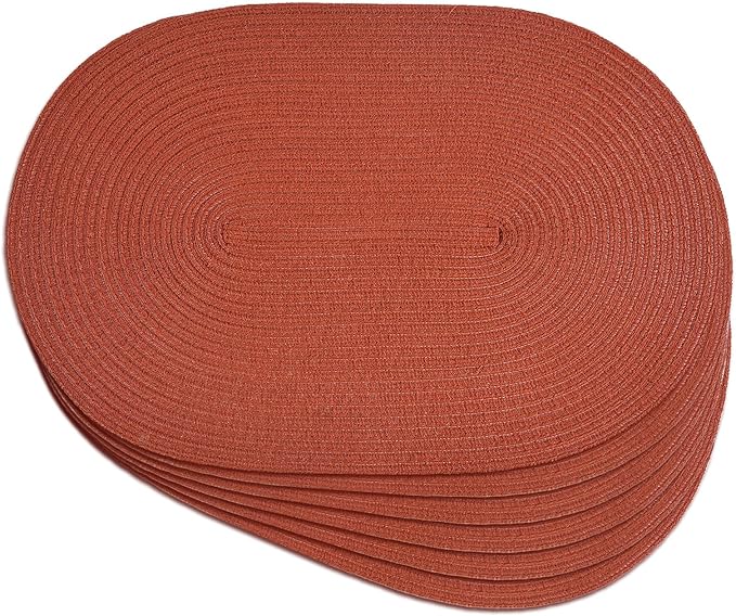 Noctiflorous Oval Braided Placemats Set of 6 Woven 12x18 Inch Non Slip Washable Heat Resistant Place Mats Round Tablemats for Dining Kitchen Party Daily Table Decor Dinner Mats (Solid Rust Orange, 6)