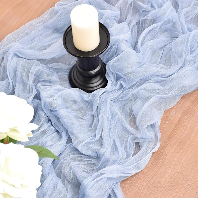 Joanlody Blue Cheesecloth Table Runner Spring Easter 10Ft Rustic Gauze Boho Cheese Cloth Table Runner for Wedding Bridal Baby Shower Decoration 4 Pack