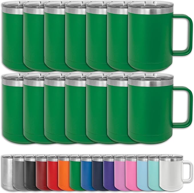 Clear Water Home Goods - (Bulk Pack of 12-15 oz Double Wall Coffee Mug with Lid and Handle, Double Insulated Stainless Steel Travel Tumbler Cup - Powder Coated - Green