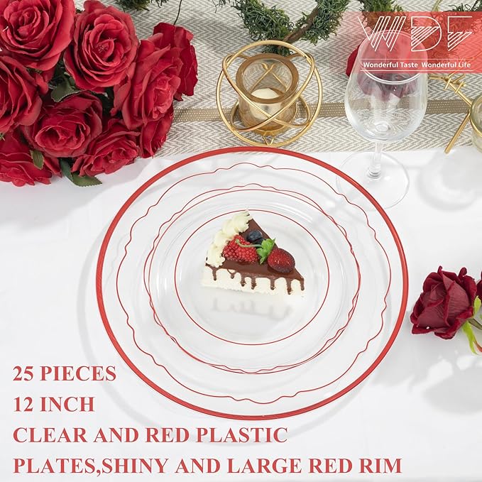 WDF 12 Inch Red Charger Plates - Charger Plates Bulk - 25Pack Plastic Clear and Red Charge Plate Perfect for Wedding/Party/Valentine's Day