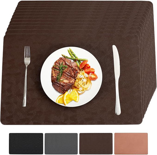 Bxzandya Vinyl Placemats Set of 12 Heat Resistant Easy Clean Non-Slip Place Mats for Dining Table Faux Leather Waterproof Stain Resistant Wipeable Washable PVC Table Mats(12, Brown)