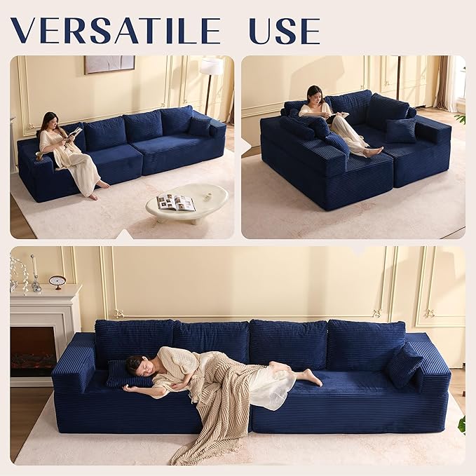 138" Modular Sofa Memory Foam Sectional Couches for Living Room, Sleeper Sofa Bed, Corduroy, Blue