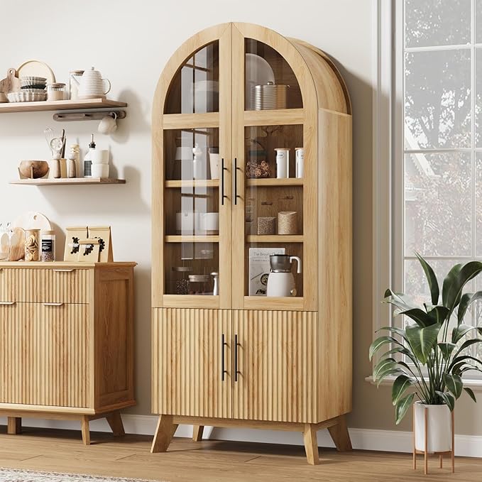 QUW 71" Tall Arched Kitchen Pantry Cabinet, Modern Fluted Display Cabinet with Glass Door & Adjustable Shelves, Storage Cabinet for Kitchen, Living Room, Dining Room, Bathroom, Natural Oak