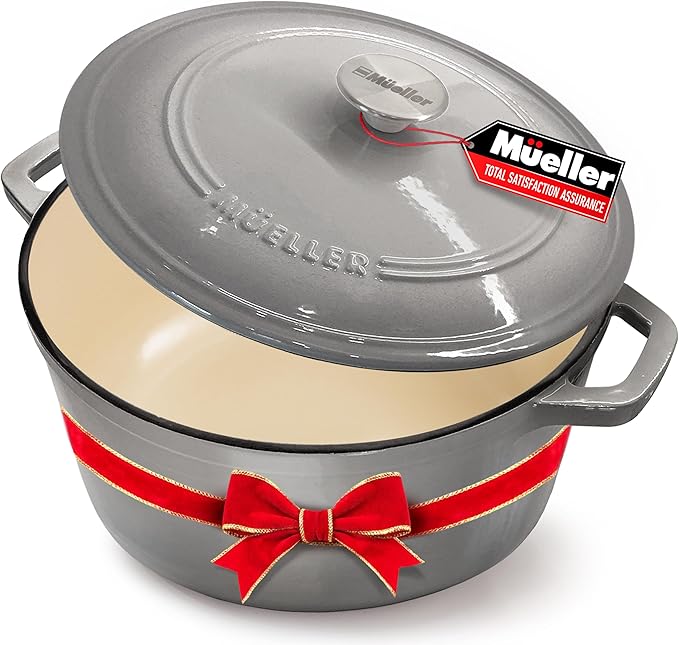 Mueller 6 Quart Enameled Cast Iron Dutch Oven, Heavy-Duty Casserole and Braiser Pan with Lid and Knob, Safe for All Cooktops