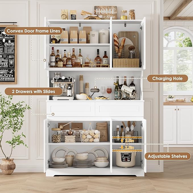 FACBOTALL 74" Pantry Cabinet, Tall Kitchen Pantry Cabinet with 6 Doors and 2 Drawers, Kitchen Hutch with Wide Countertop, Modern Kitchens Cupboard with Adjustable Shelves and Charge Holes, White