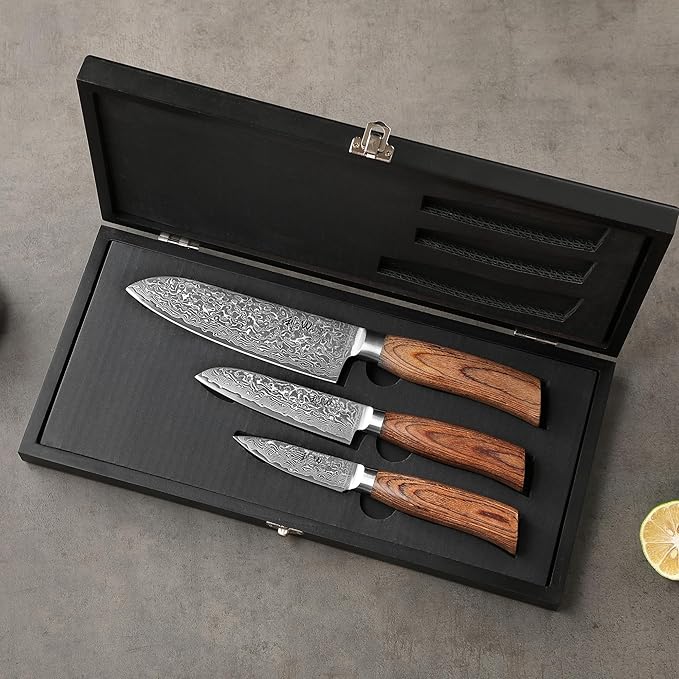 Wakoli EDIB Pro 3-Piece Damascus Kitchen Knife Set in Gift Box ??Sharp Knives Set made of Genuine Damascus Steel (VG10 Core) ??Santoku, Small Santoku & Paring Knife ??Ergonomic Pakkawood Handles
