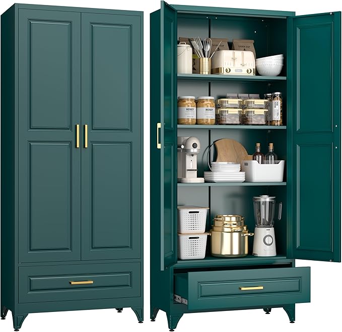 75" Kitchen Pantry Cabinet with Drawer, Tall Storage Cabinet with Doors and 4 Shelves, Metal Storage Cabinets for Kitchens, Living Room, Dinning Room, Assembly Required, Green