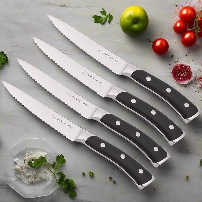 DURA LIVING 8-Piece Serrated Kitchen Steak Knife Set ??Forged High Carbon Stainless Steel, Ultra Sharp, Ergonomic Black Handles, Durable Dinner Knives, Black Handle