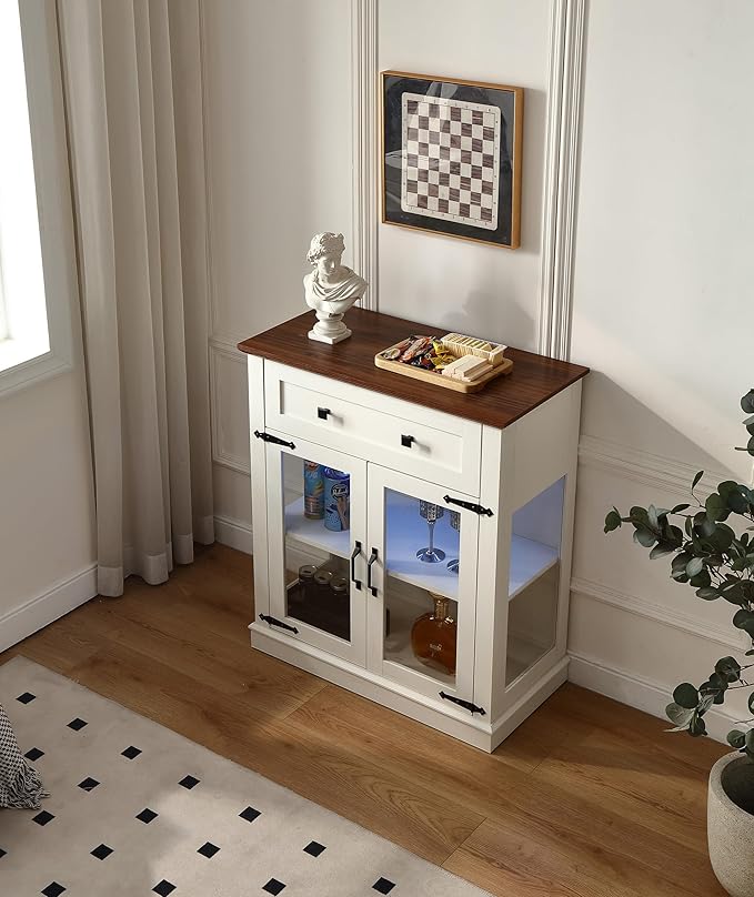 31.5'' Modern Small Buffet Cabinet with Storage,Buffet Sideboard with Two Glass Doors and a Drawer,Small Coffee bar Cabinet with Adjustable Shelf,for Kitchen,Antique White