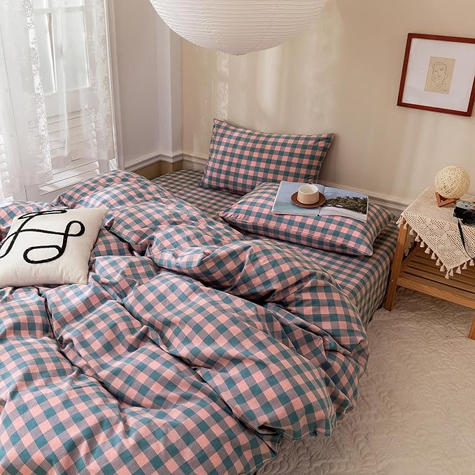 LifeTB Twin XL Comforter Set Purple Pink Plaid Bedding Comforter with 2 Pillowcases Geometric Checkered Pattern Comforter Set for All Season Fluffy Soft Lightweight Bedding Comforter Twin XL Size