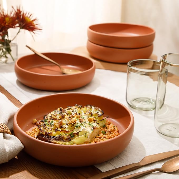 Bloomhouse - Two Time Oprah's Favorite Things Winner - Corsica Clay 4-Piece Dinner and Pasta Bowl Set ??Burnt Apricot Terracotta Stoneware for Meals, Serving & Everyday Use