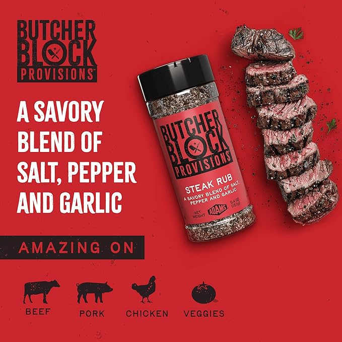 Butcher Block Provisions - Steak Rub - Savory Salt, Pepper & Garlic Blend - Bold Seasoning with Red Pepper, Dill & Paprika for Steaks - 5.4 oz
