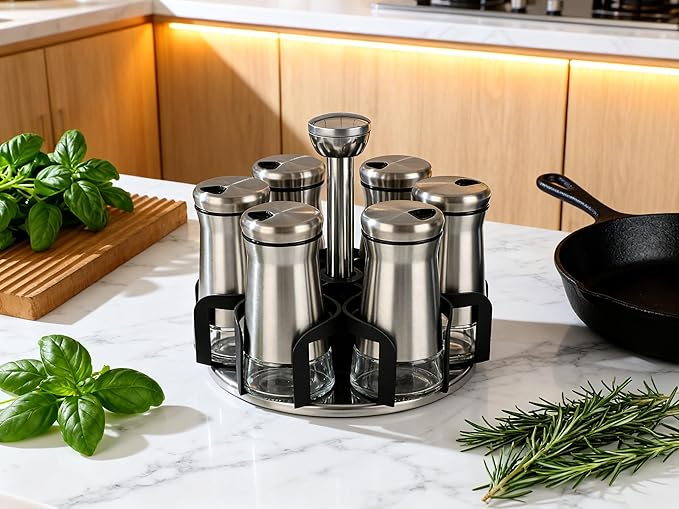 360째 Rotating Spice Rack竊똕pice Rack Organizer for Cabinet - Includes 6pcs Glass Spice Jars and Labels,Spice Storage, Cooking, Outdoor BBQ,(Spices Not Included) (Modern)