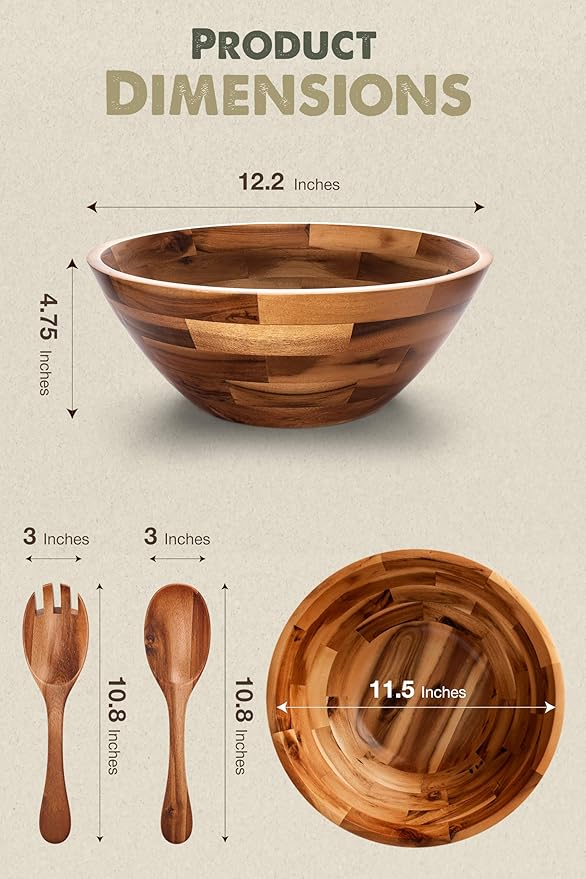 12.2" Large Salad Bowl with Serving Utensils, Acacia Wooden Salad Serving Bowl Set with 2 Wood Hands, Wooden Bowls Decorative, Large Serving Bowls for Fruits, Salad and Pasta (Acacia color)