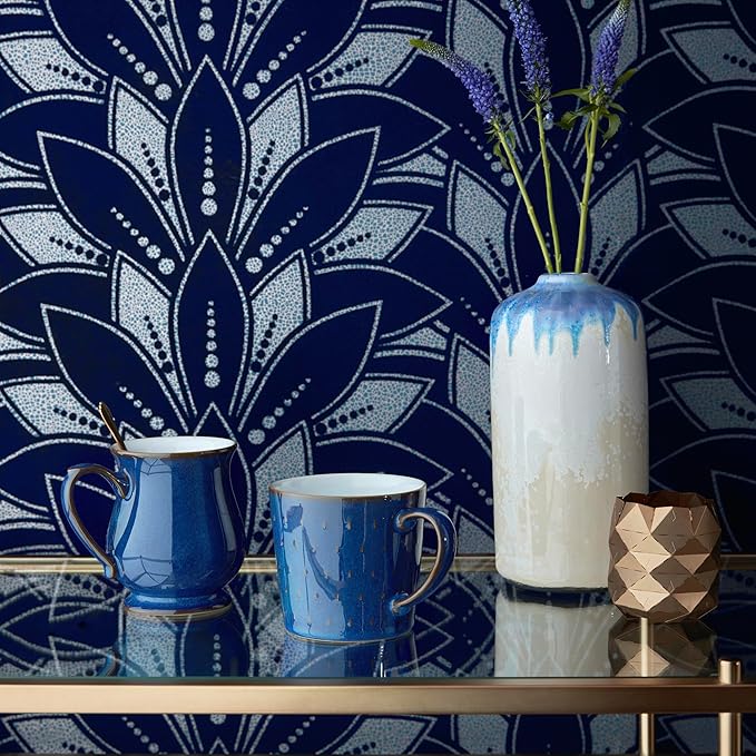 Denby - Imperial Blue Large Coffee Mug Set of 4 - Cascade Patterned 13.5 Ounce Stoneware Tea Mug Set For Office & Home - Dishwasher Safe, Microwave Safe - Ceramic Tea Cups With Blue Pattern Glaze
