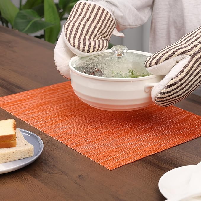 Myir JUN Placemats Set of 6, Vinyl Woven Placemats Place Mats Indoor Washable Table Mats Non-Slip Place mats for Dining Table (Orange, Set of 6)