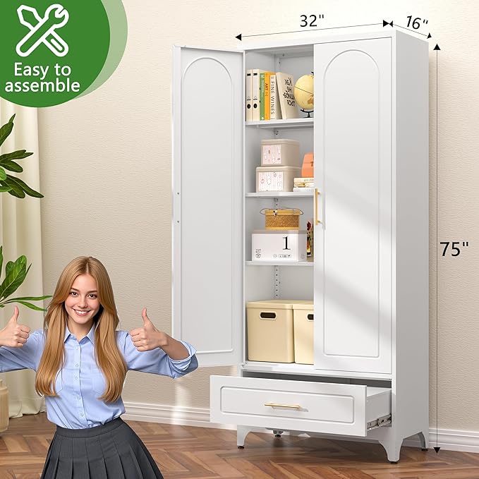 75??Kitchen Pantry Storage Cabinet,Metal Tall Storage Cabinet with Drawers and Adjustable Shelves,Modern Kitchen Hutch Cabinet,Freestanding Cupboard for Dining Room